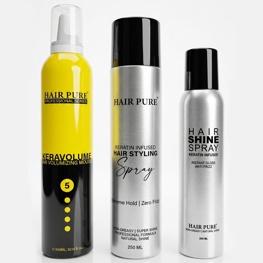 Hair Pure Professional Keratin Hair Styling Combo Kit | Volumizing Hair Mousse 300ml + Keratin Hair Spray 250ml + Instant Shine Spray 200ml