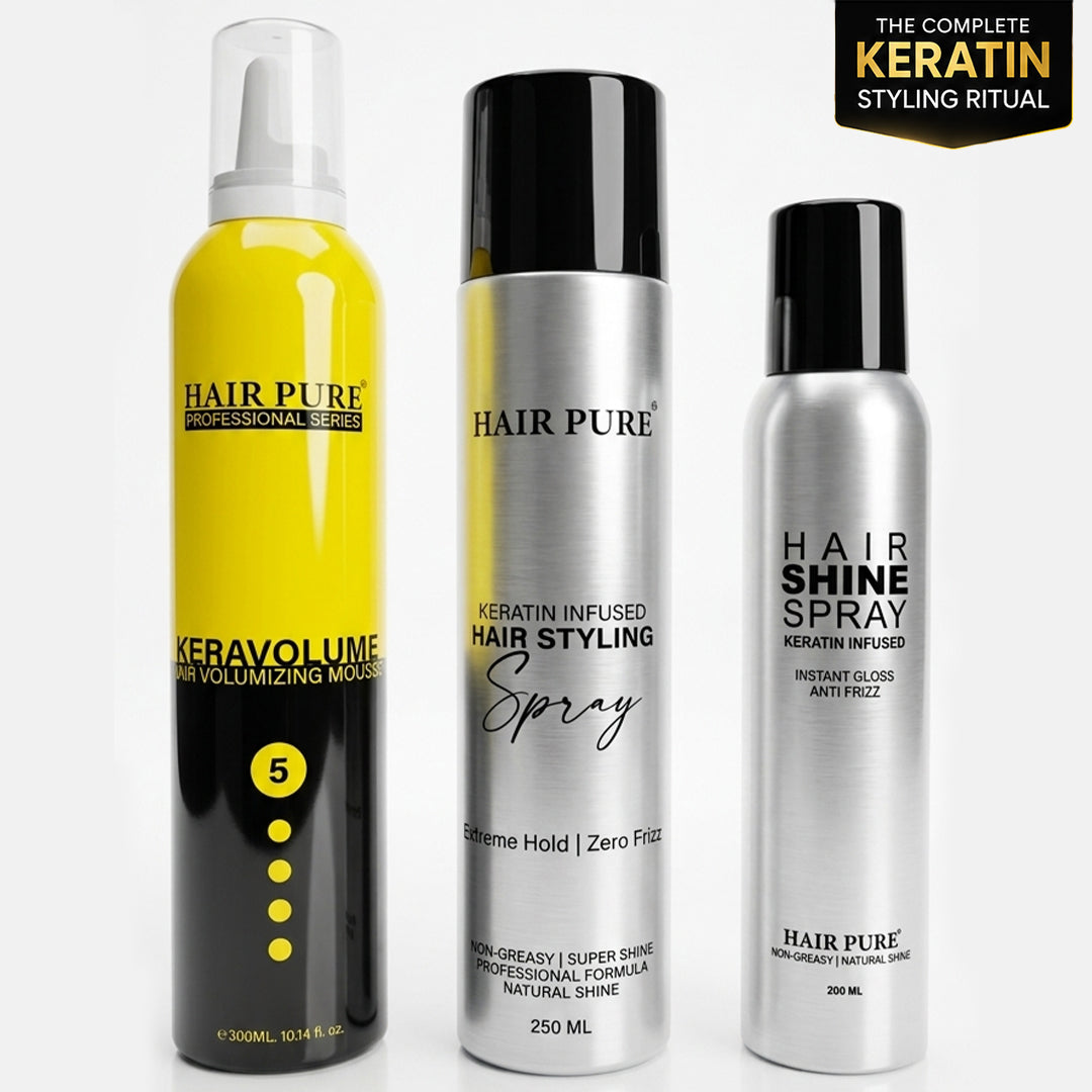 Hair Pure Professional Keratin Hair Styling Combo Kit | Volumizing Hair Mousse 300ml + Keratin Hair Spray 250ml + Instant Shine Spray 200ml