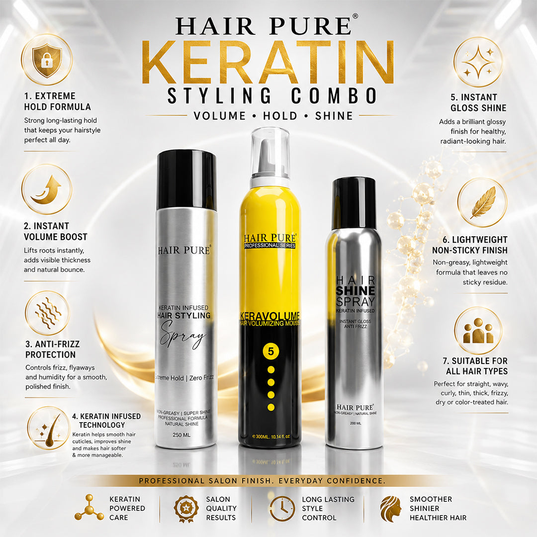 Hair Pure Professional Keratin Hair Styling Combo Kit | Volumizing Hair Mousse 300ml + Keratin Hair Spray 250ml + Instant Shine Spray 200ml