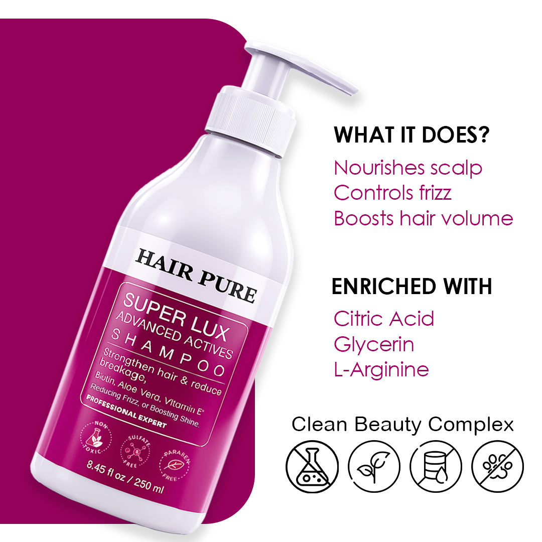 Hair Pure Super Lux Advanced Actives Shampoo with Biotin, Aloe Vera & Vitamin E | Strengthens Hair, Reduces Breakage & Frizz | Boosts Shine, Restores Scalp pH Balance | Professional Expert Care – 250ml