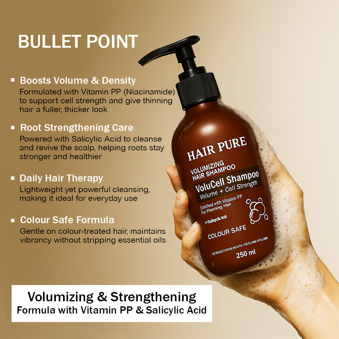 Hair Pure Volumizing VoluCell Shampoo | Volume + Cell Strength Formula | Enriched with Vitamin PP for Thinning Hair | Strengthens Roots & Reclaims Volume | Sulphate, Paraben & Gluten Free – 250 ml