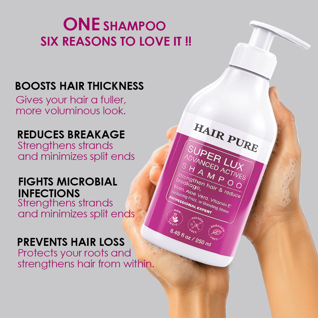 Hair Pure Super Lux Advanced Actives Shampoo with Biotin, Aloe Vera & Vitamin E | Strengthens Hair, Reduces Breakage & Frizz | Boosts Shine, Restores Scalp pH Balance | Professional Expert Care – 250ml