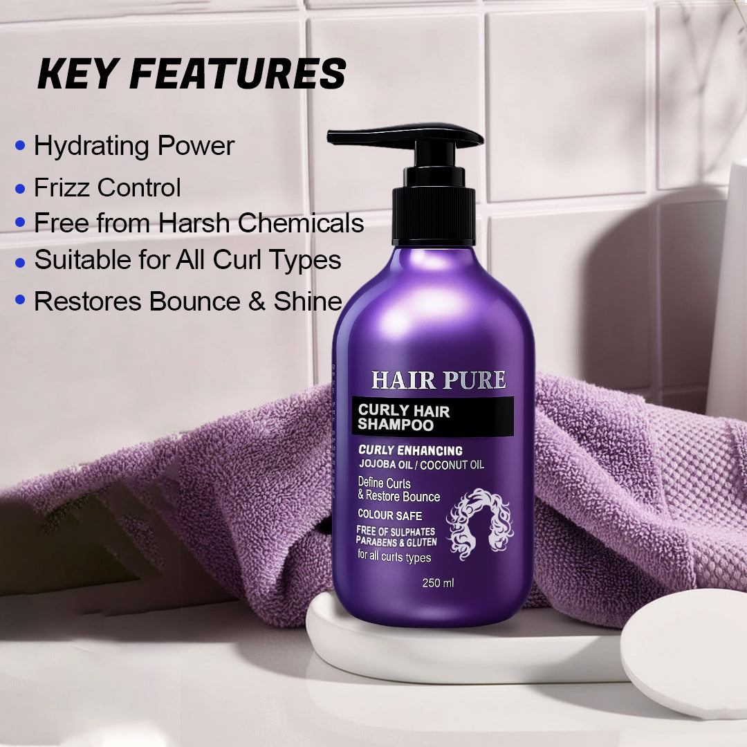 Hair Pure Curly Hair Shampoo – Infused with Jojoba Oil & Cocoa Butter – 250ml for Men and Women – Deep Moisture & Shine, Enhances Natural Curl Definition, Sulfate-Free Formula