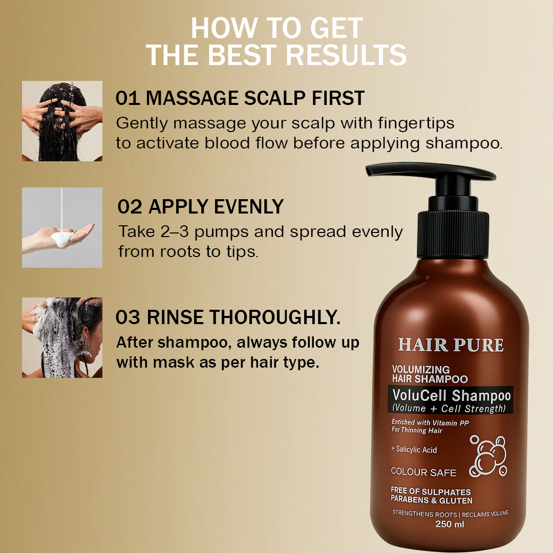 Hair Pure Volumizing VoluCell Shampoo | Volume + Cell Strength Formula | Enriched with Vitamin PP for Thinning Hair | Strengthens Roots & Reclaims Volume | Sulphate, Paraben & Gluten Free – 250 ml