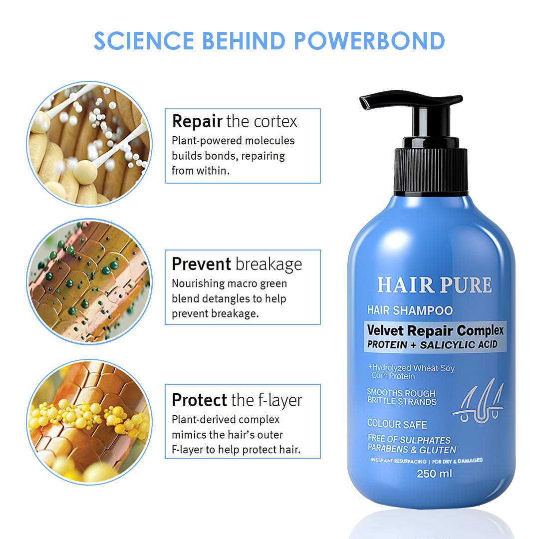 Hair Pure Velvet Repair Complex Shampoo – For Men & Women – 250ml – Enriched with Protein and Salicylic Acid – Repairs Damaged Hair, Strengthens Strands & Promotes Healthy Scalp