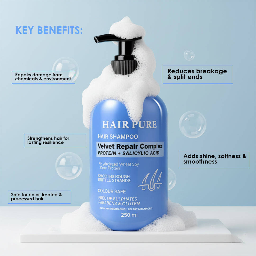 Hair Pure Velvet Repair Complex Shampoo – For Men & Women – 250ml – Enriched with Protein and Salicylic Acid – Repairs Damaged Hair, Strengthens Strands & Promotes Healthy Scalp