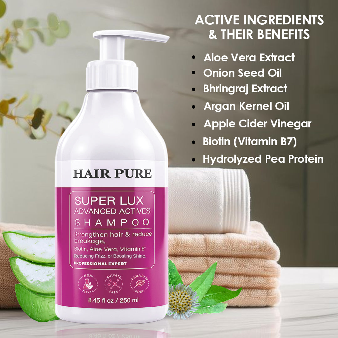 Hair Pure Super Lux Advanced Actives Shampoo with Biotin, Aloe Vera & Vitamin E | Strengthens Hair, Reduces Breakage & Frizz | Boosts Shine, Restores Scalp pH Balance | Professional Expert Care – 250ml