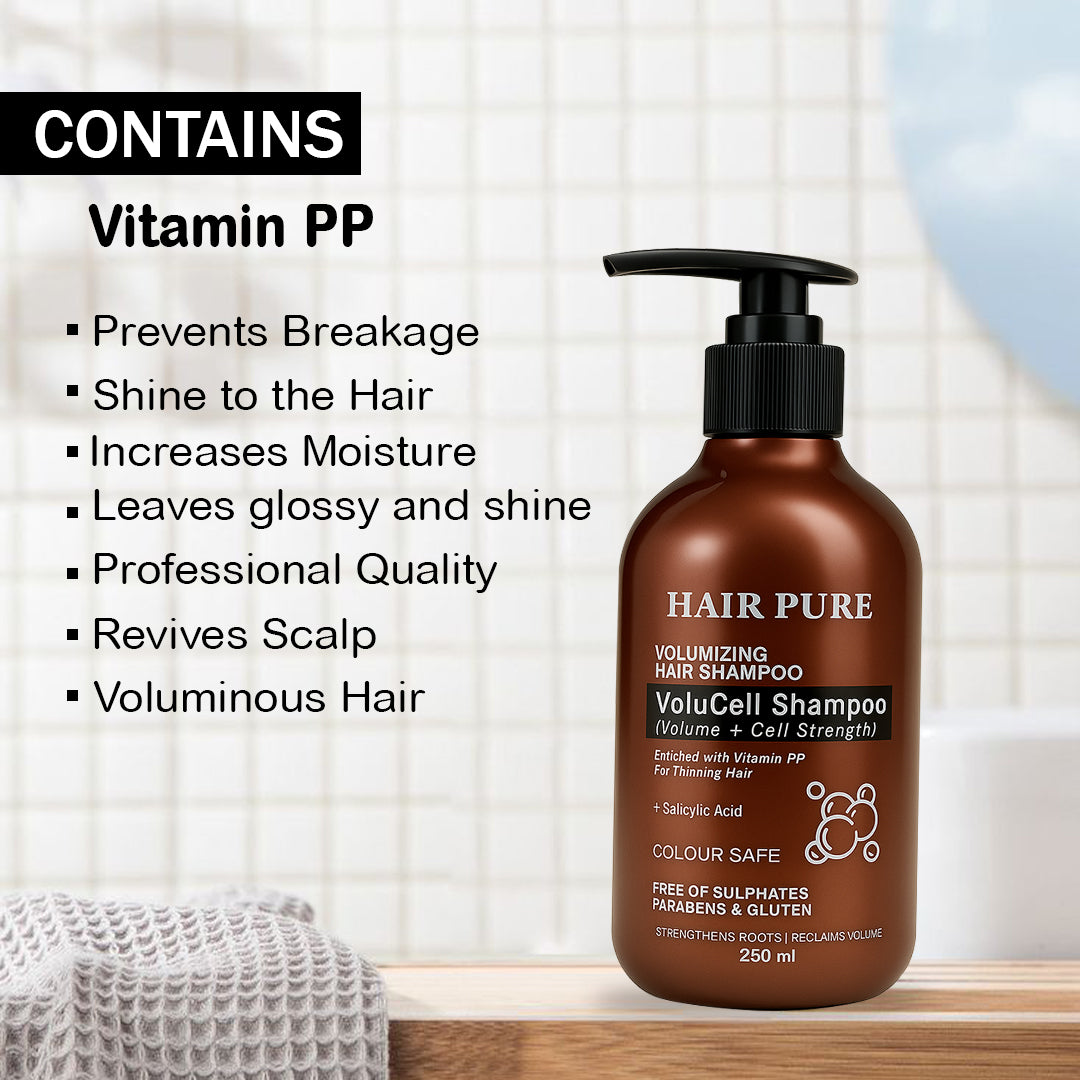 Hair Pure Volumizing VoluCell Shampoo | Volume + Cell Strength Formula | Enriched with Vitamin PP for Thinning Hair | Strengthens Roots & Reclaims Volume | Sulphate, Paraben & Gluten Free – 250 ml