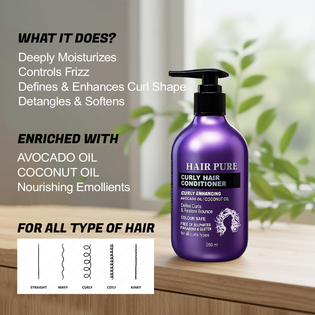 Hair Pure Curly Hair Conditioner – Enriched with Avocado Oil & Coconut Oil – 250ml – Hydrating, Nourishing & Frizz-Control Formula for Defined, Manageable Curls – Suitable for Men and Women