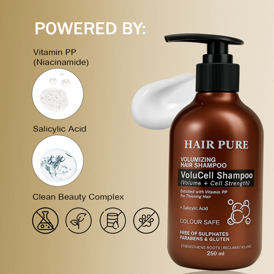 Hair Pure Volumizing VoluCell Shampoo | Volume + Cell Strength Formula | Enriched with Vitamin PP for Thinning Hair | Strengthens Roots & Reclaims Volume | Sulphate, Paraben & Gluten Free – 250 ml