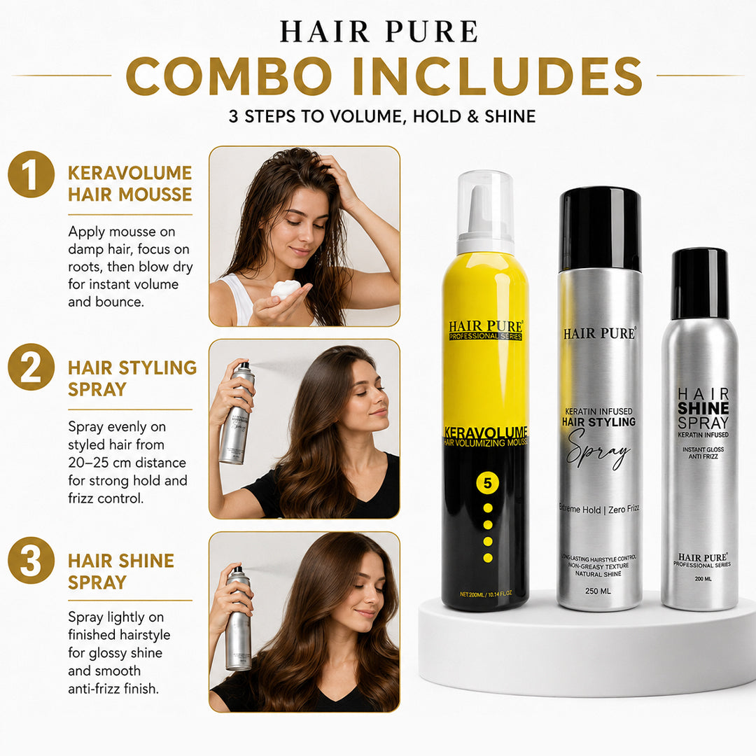 Hair Pure Professional Keratin Hair Styling Combo Kit | Volumizing Hair Mousse 300ml + Keratin Hair Spray 250ml + Instant Shine Spray 200ml