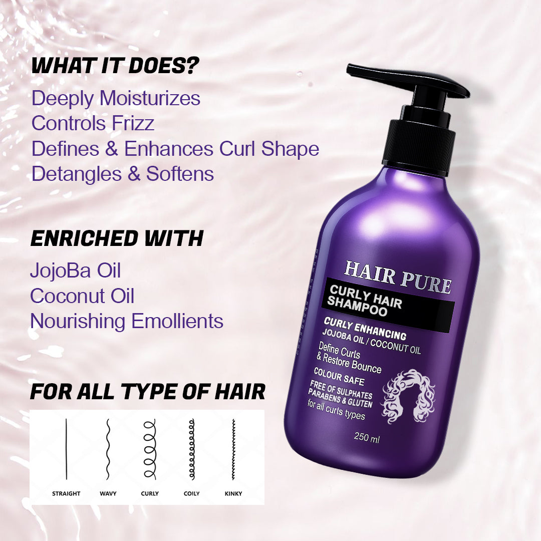 Hair Pure Curly Hair Shampoo – Infused with Jojoba Oil & Cocoa Butter – 250ml for Men and Women – Deep Moisture & Shine, Enhances Natural Curl Definition, Sulfate-Free Formula