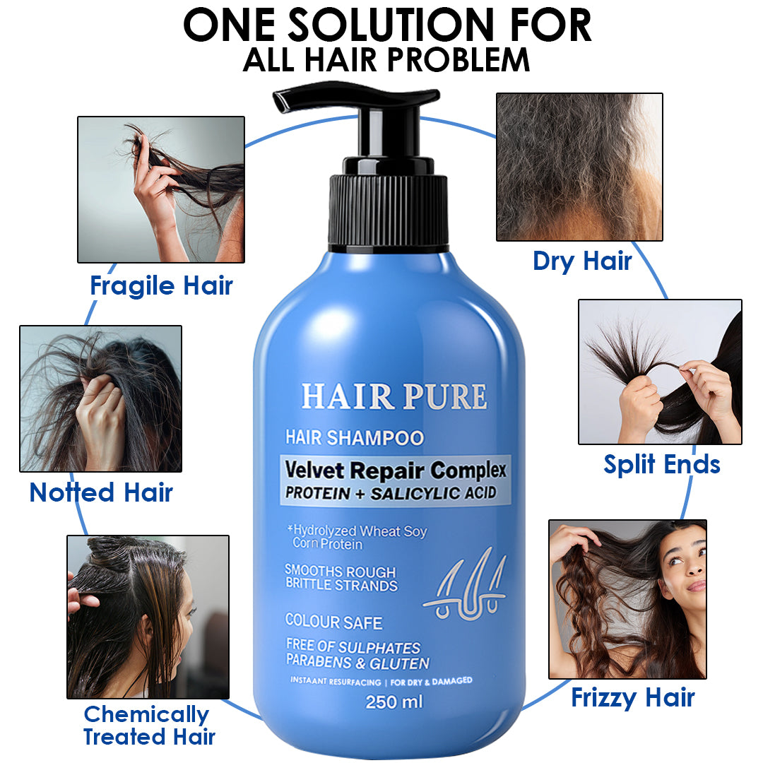 Hair Pure Velvet Repair Complex Shampoo – For Men & Women – 250ml – Enriched with Protein and Salicylic Acid – Repairs Damaged Hair, Strengthens Strands & Promotes Healthy Scalp
