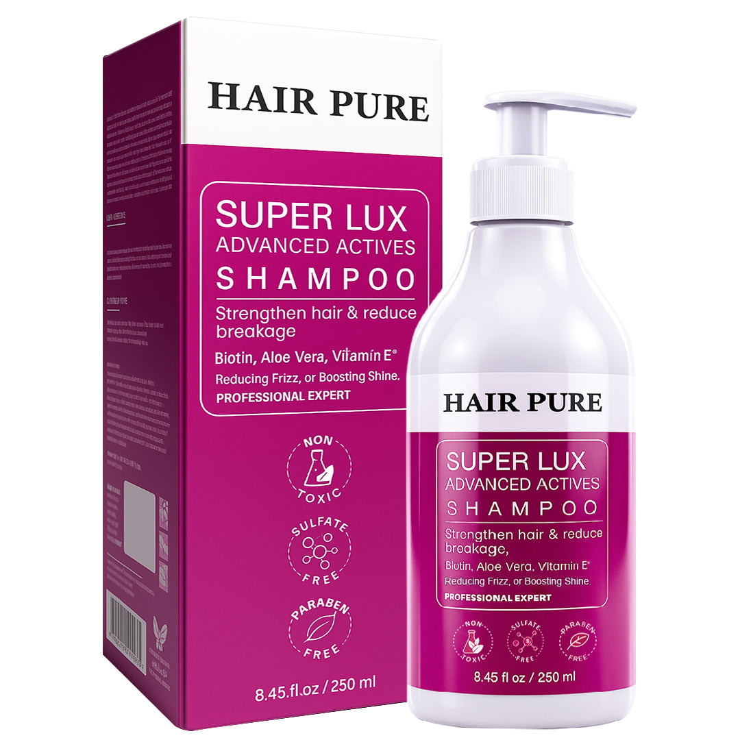 Hair Pure Super Lux Advanced Actives Shampoo with Biotin, Aloe Vera & Vitamin E | Strengthens Hair, Reduces Breakage & Frizz | Boosts Shine, Restores Scalp pH Balance | Professional Expert Care – 250ml
